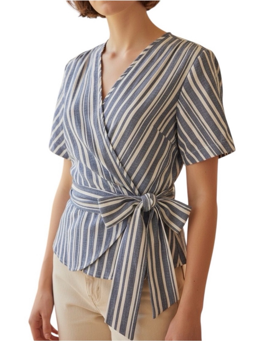 Max Studio Blue & White Striped Wrap Blouse with Waist Bow